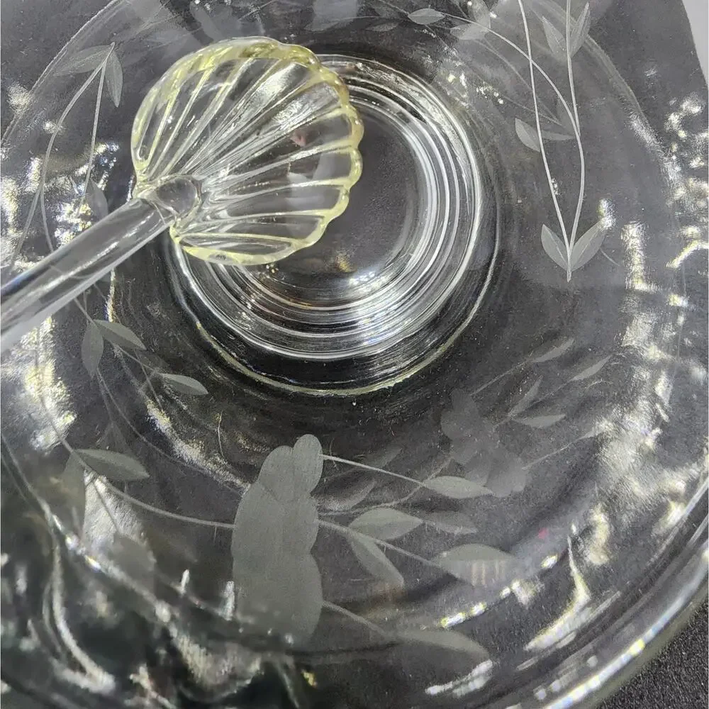 Vtg Princess House Crystal Etched Condiment Bowl plate Scalloped Spoon New w Box